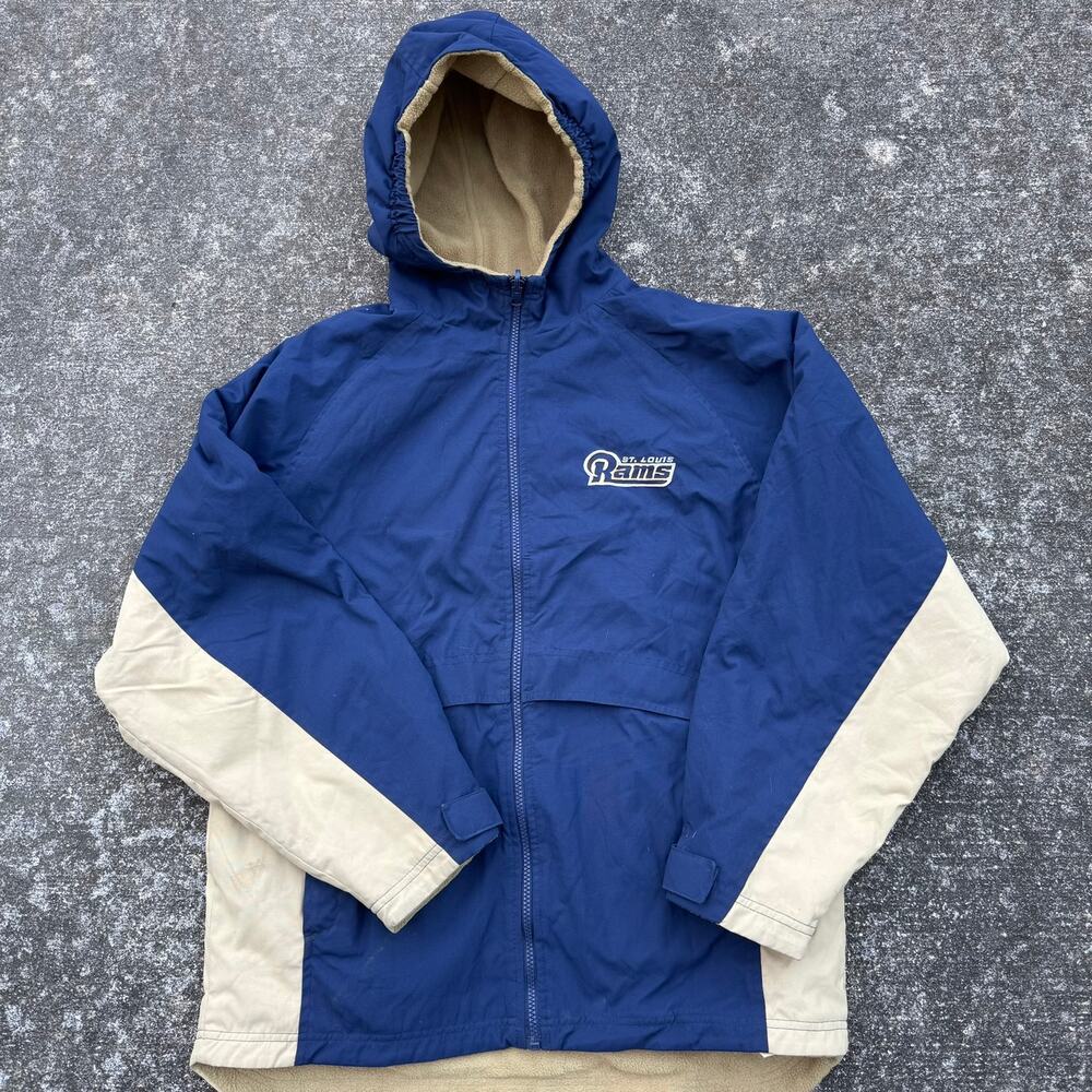 NFL St Louis Rams Reversible Jacket Y2K Kids XL Navy Blue Tan Full Zip Hooded